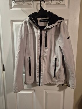 Calvin Klein White Hooded Raincoat with Black Trim